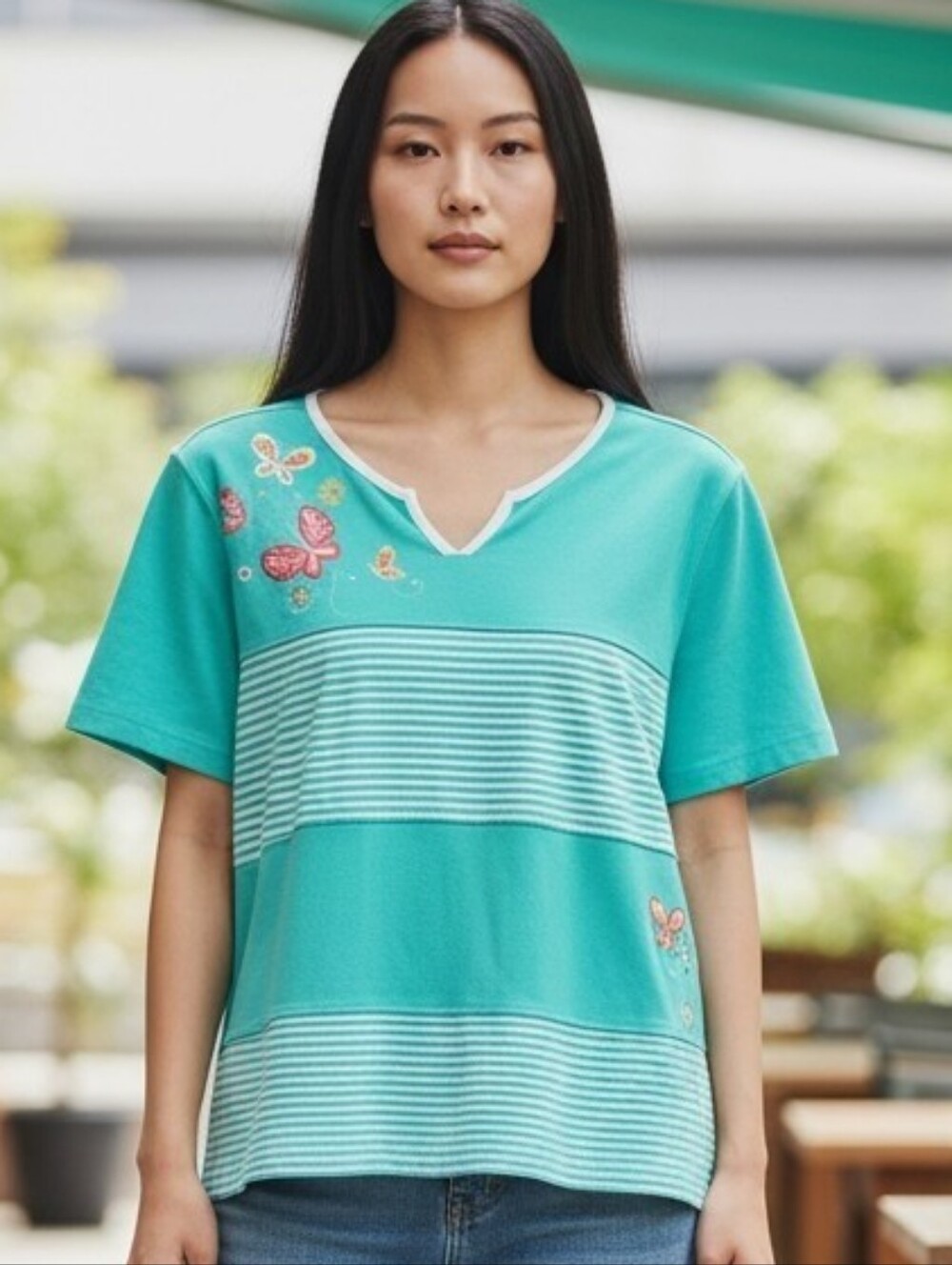 breckenridge Teal Short-Sleeve Butterfly Stripe Tee